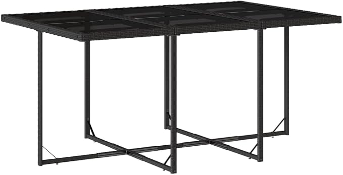 11 Piece Patio Dining Set with Cushions Black Poly Rattan Outdoor Furniture Table and 6 Chairs Tempered Glass Top Foldable Seats for Garden Backyard