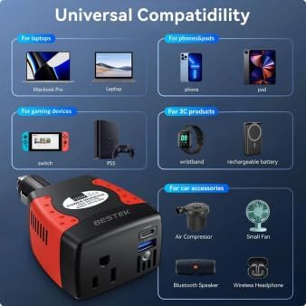 BESTEK 150W Power Inverter 12V to 110V Voltage Converter Car Charger Power Adapter with PD30W QC18W Dual USB Charging Ports