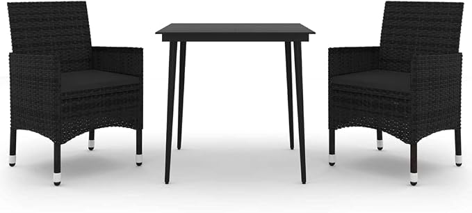 3 Piece Patio Dining Set, Outdoor Bistro Table and 2 Rattan Wicker Chairs with Cushions for Garden, Balcony, Porch, Black