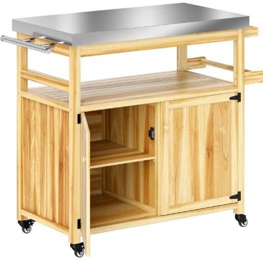 Outdoor Storage Cabinet and Grill Cart with Stainless Steel Top, Rolling Patio Kitchen Island for BBQ Tools and Pizza Oven, Solid Fir Wood Storage Box with Wheels, 43 x 20 x 36 Inches
