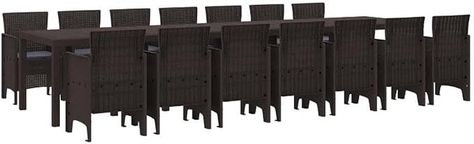 Afuera Living 15 Piece Poly Rattan Garden Dining Set, Brown Finish, Weather-Resistant Outdoor Patio Seating with Cushions, Flat Armrest Design, Spacious 157.5 x 39.4 in Setup for BBQs or Gatherings