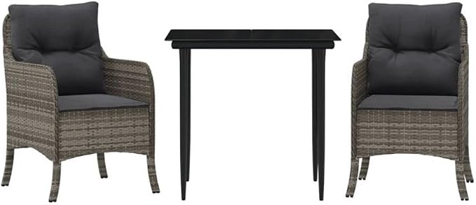Afuera Living 3 Piece Poly Rattan Garden Dining Set, Black/Dark Gray Finish, Tempered Glass Table, Weather-Resistant Cushions, Modern Patio or Garden Seating for 2 People