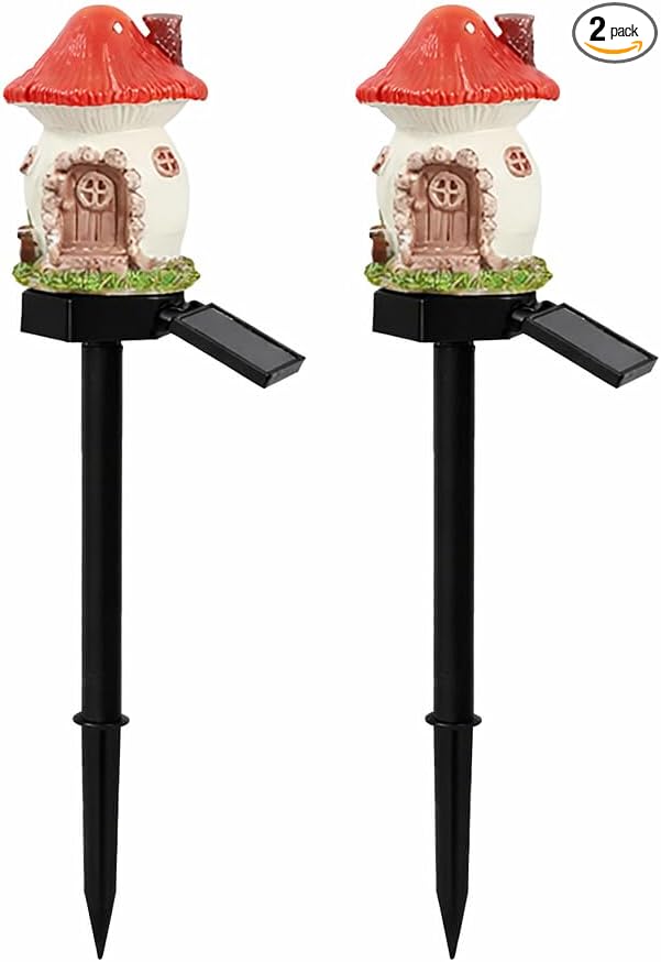 Solar Garden Lights Outdoor, 2 Pack Decorative Solar Mushroom House Pathway Lights Waterproof, Resin Fairy Garden Lights for Yard Lawn Walkway Patio Decor