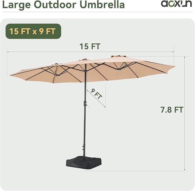 Aoxun 8-Piece Patio Table and Chairs Set & 15ft Patio Umbrella for 6, All Weather Outdoor Dining Set with 6 Textilene Chairs and 1 Rectangular Metal Table for Backyard, Garden, Grey/Beige