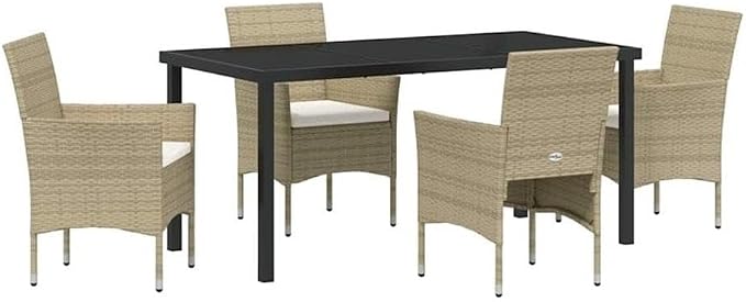 Afuera Living 5 Piece Patio Dining Set, Poly Rattan and Powder-Coated Steel Frame, Beige Weather-Resistant Cushions, Tempered Glass Tabletop, Modern Garden Furniture for Outdoor, Backyard, or Deck Use