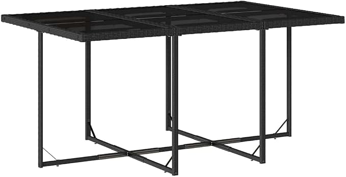 7-Piece Garden Dining Set - Black Poly Rattan Patio Furniture with 6 High-Back Chairs and Large Rectangular Table - Cushioned Seating for Outdoor Backyard and Balcony