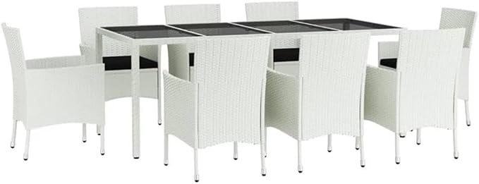 Afuera Living 9-Piece Patio Dining Set, Powder-Coated Steel and White Poly Rattan, Black Cushions, Weather-Proof Modern Outdoor Dining Furniture for Garden or Terrace, Seats Up to 9 People