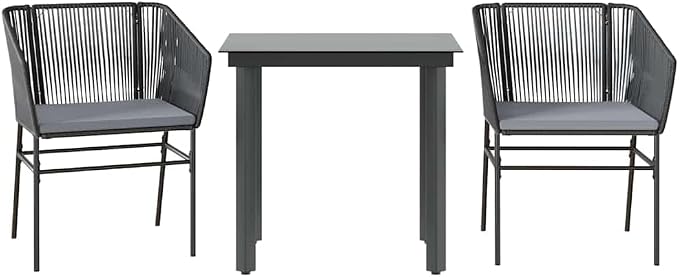 vidaXL 3 Piece Patio Dining Set with Cushions Black Poly Rattan Glass, garden dining set, garden dining furniture, garden dining table and chairs
