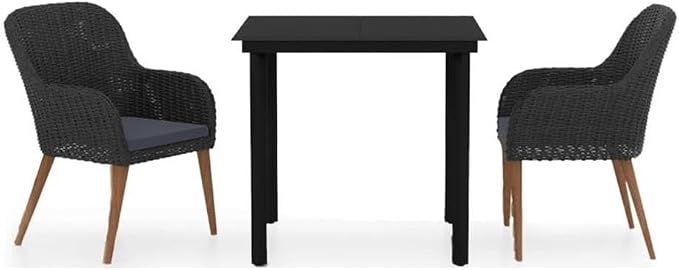 BOWERY HILL 3-Piece Garden Patio Dining Set, Black/Dark Gray Finish, Weather-Resistant Materials with Cushioned Seats, Contemporary Style Outdoor Furniture for Balcony, Terrace, or Garden Use