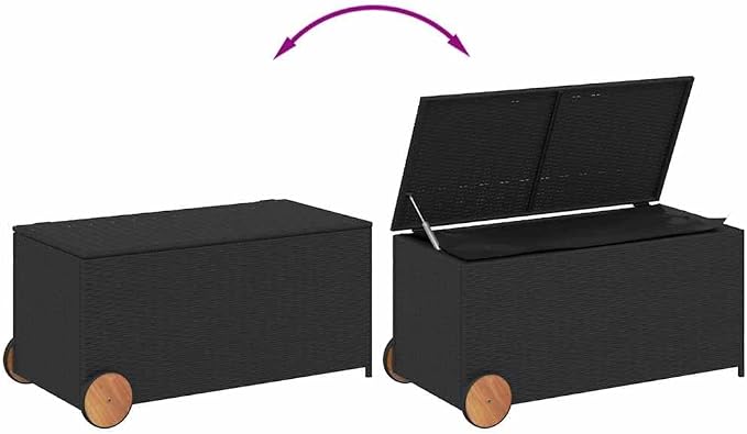 42x22x21 inch Garden Storage Box Black PE Rattan Outdoor Deck Box with Wheels for Patio, Balcony & Lawn Furniture, 50 gal Storage Chest for Cushions, Tools, Toys