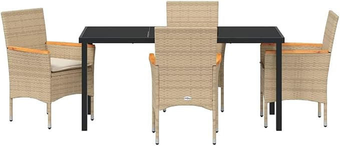 5-Piece Garden Dining Set with Cushions, Modern Outdoor Patio Furniture for 4, Poly Rattan Table and Chairs for Backyard, Poolside, Deck, Beige