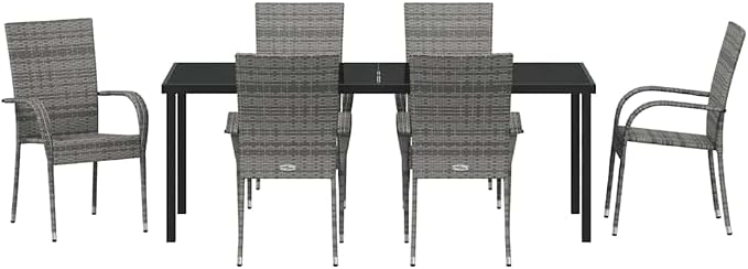 7 Piece Garden Dining Set, Outdoor Patio Furniture with 6 Chairs and Steel Table, Grey Weather-Resistant Dining Furniture for Backyard Deck Balcony