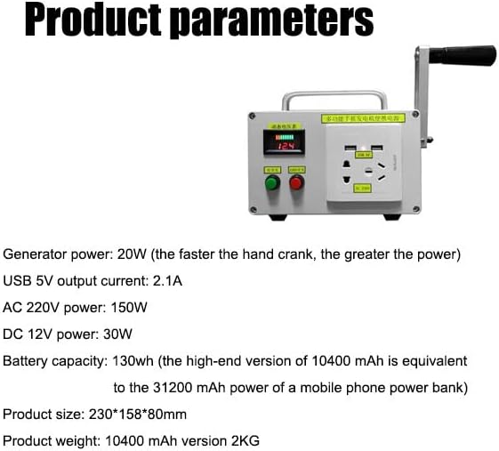 Emergency Hand Generator, 30W/150W/500W Portable Manual Crank Generator with Charger, LED Emergency Light, High-Power Outdoor Emergency Power Supply for Home and Travel