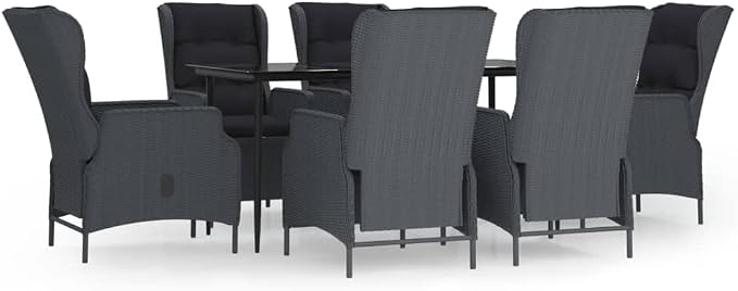 7 Piece Patio Dining Set Dark Gray Poly Rattan with 6 Reclining Chairs, Outdoor PE Rattan Dining Table & Chairs with Adjustable Backrest and Cushions for Garden, Deck, Backyard, Black Steel Frame