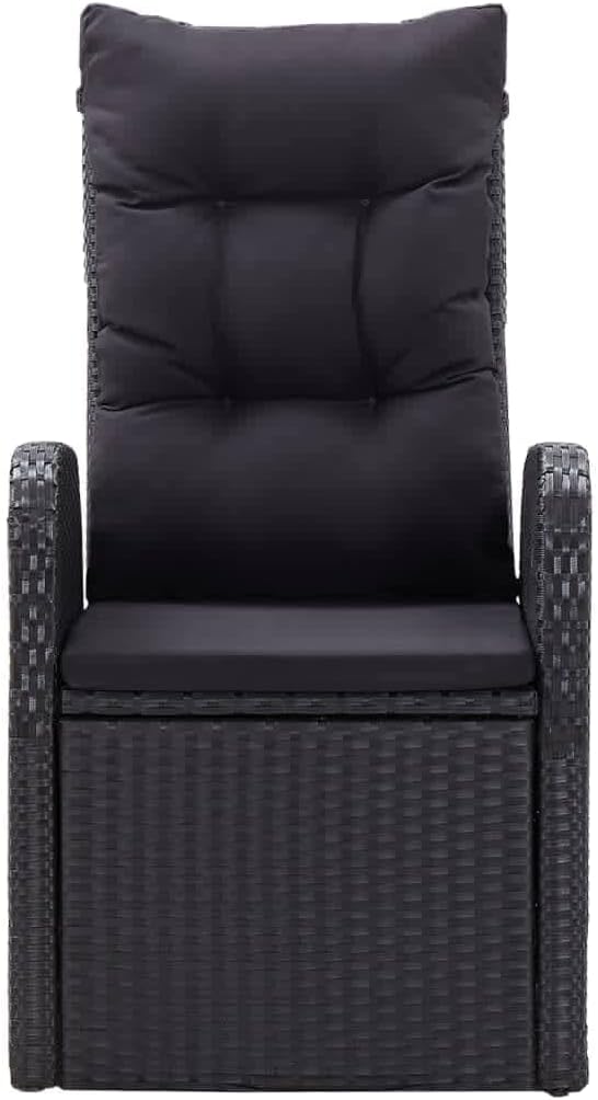 7-Piece PE Rattan Patio Dining Set with Reclining Chairs, Black | Includes 6 cushioned chairs and 1 dining table, designed for outdoor use in backyards, decks, and poolsides.