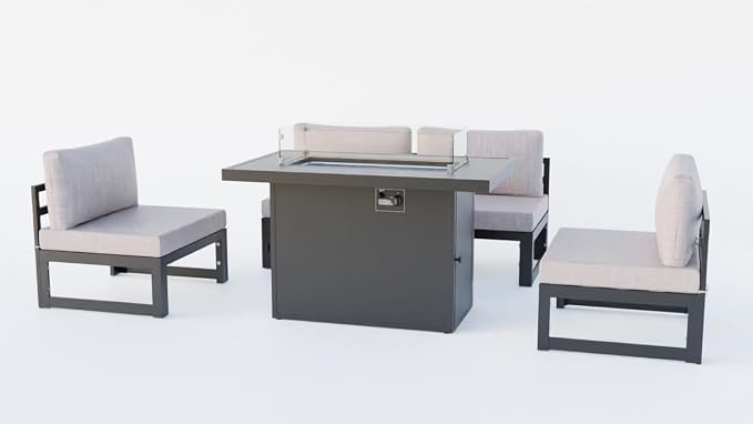 Chelsea Middle Patio Chairs & Fire Pit Table Set Black Aluminum Frame with Cushions Beige - 5 Piece