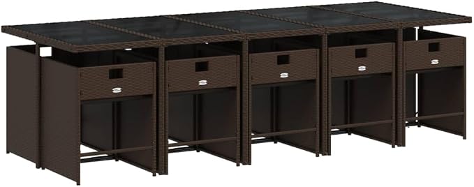 11-Piece Patio Dining Set with Cushions Brown PE Rattan Outdoor Furniture Set for Garden Backyard Balcony Includes Tempered Glass Table & Foldable Chairs