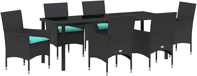 7 Piece Outdoor Dining Set, PE Rattan Patio Table and 6 Chairs with Comfortable Cushions, Modern Garden Furniture for Backyard, Deck, and Lawn, Black