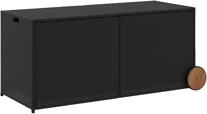 Outdoor Storage Box with Wheels 74.8 Gal Black PE Rattan Deck Box for Patio Garden Pool Toys Cushions, Water-Resistant Bag, Gas Spring Lid & Steel Frame