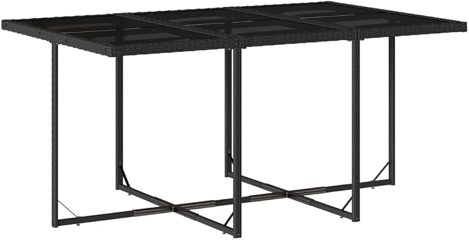 7 Piece Patio Dining Set with Cushions Black Poly Rattan Outdoor Garden Furniture Table and 6 Chairs for Backyard Poolside Relaxation Tempered Glass Top Foldable Storage