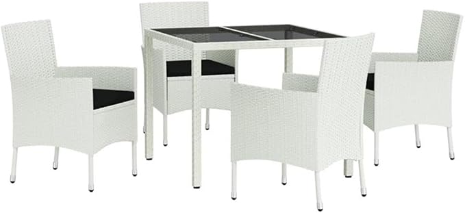 Afuera Living 5-Piece Patio Dining Set, White Poly Rattan, Powder-Coated Steel, Adjustable Armrests, Cushioned Seats, Modern Indoor/Outdoor Table and Chairs, Garden, Terrace or Balcony Use