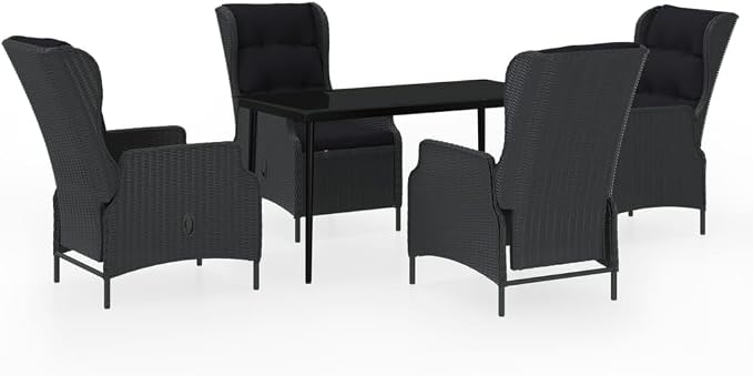 5 Piece Patio Dining Set Dark Gray with Reclining Chairs, Outdoor PE Rattan Wicker Dining Table Set for 4, Modern Garden Furniture with Thick Cushions and Glass Tabletop for Backyard Deck Patio