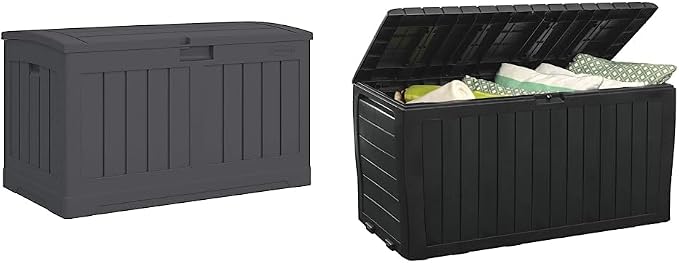 Suncast 50-Gallon Outdoor Resin Patio Deck Storage Box with Seat, Peppercorn & Keter Marvel Plus 71 Gallon Resin Deck Box-Organization and Storage for Patio Furniture Outdoor Cushions, Throw Pillows