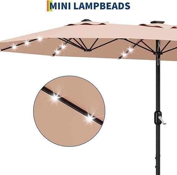 TrailBlaze 15FT Patio Umbrella With Base and Solar Lights, Outdoor Large Patio Double-Sided Market Umbrella With Crank Handle, UV Protection, for Lawn Deck Backyard Pool