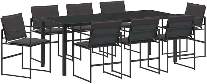 9 Piece Outdoor Dining Set for 8, Modern Patio Furniture with Tempered Glass Table and Textilene Chairs, Black