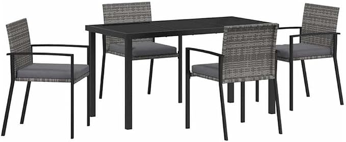 Afuera Living 5 Piece Poly Rattan Garden Dining Set, Black Finish, Powder-Coated Steel Frame, UV-Resistant Durable Outdoor Furniture with Seat Cushions, Armrests, Modern Patio or Garden Seating