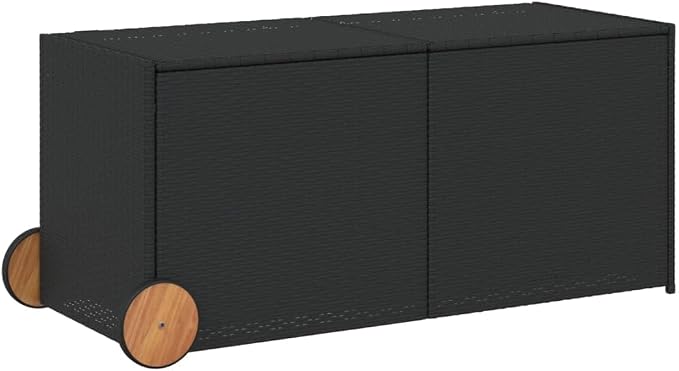 Wicker Outdoor Deck Box with Wheels, 74.8 Gal Outdoor Storage Box with Lid, PE Rattan Storage Container for Pillows, Cushions, Gardening Tools, 50"x21.7"x22"/23.4" Black