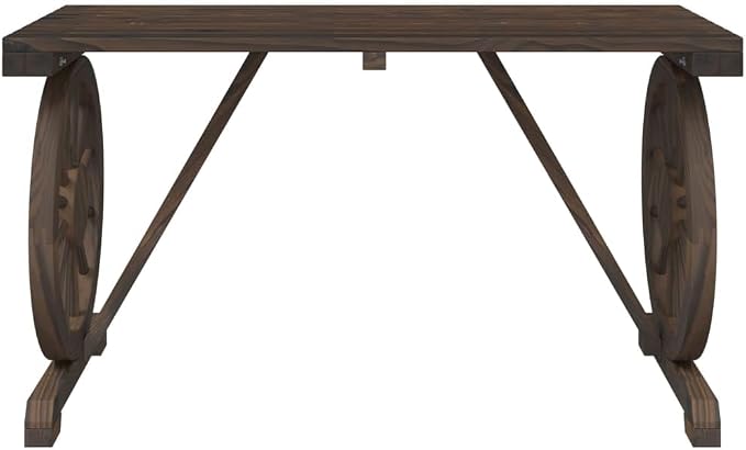 5-Piece Burnt Fir Wood Patio Dining Set with Wagon Wheel Design | Features 1 round table and 4 matching stools, providing rustic outdoor seating for backyard, garden, or porch.