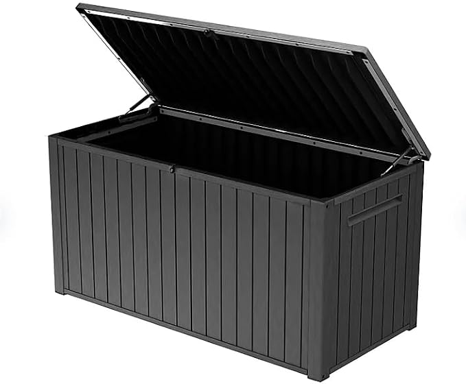 Stylish Indoor/Outdoor Storage Deck Box,Resin,Large Capacity, Weather-Resistant, Lockable lid and Side handles. (Black, 170 Gallon)