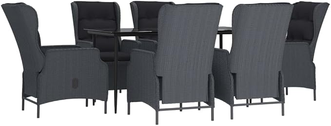 7 Piece Patio Dining Set Dark Gray Poly Rattan with 6 Reclining Chairs, Outdoor PE Rattan Dining Table & Chairs with Adjustable Backrest and Cushions for Garden, Deck, Backyard, Black Steel Frame