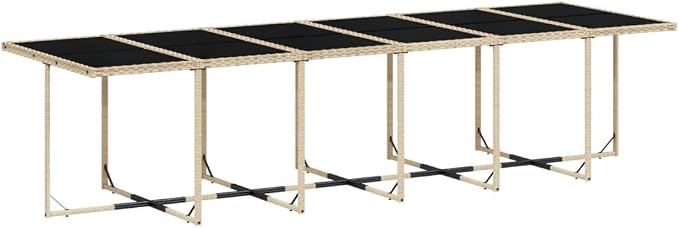 13 Piece Patio Dining Set with Cushions Beige Poly Rattan Outdoor Dining Table for 12 People Garden Furniture Set with Foldable Chairs Tempered Glass Top UV Proof Space Saving for Backyard Poolside