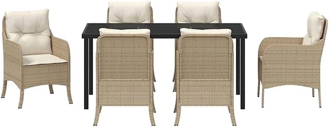 Afuera Living 7-Piece Patio Dining Set, Poly Rattan with Cushions, Beige Finish, Tempered Glass Table, Modern Outdoor Furniture for Garden, Terrace, or Backyard Seating, UV-Resistant Durable Design