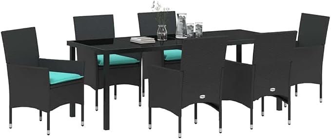 7 Piece Outdoor Dining Set, PE Rattan Patio Table and 6 Chairs with Comfortable Cushions, Modern Garden Furniture for Backyard, Deck, and Lawn, Black