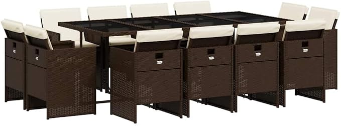 13 Piece Patio Dining Set, 12 Seater Outdoor Table and Chair Set with Cushions, Space Saving Cube Garden Furniture, Weather Resistant PE Rattan Brown