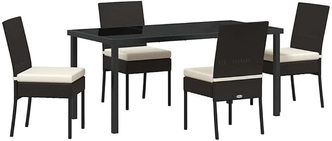 Afuera Living 5 Piece Poly Rattan Garden Dining Set, Black Finish, Powder-Coated Steel Frame, Durable UV-Resistant Materials, Removable Cushions, Modern Outdoor Patio or Garden Seating for 4