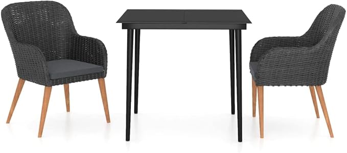 3 Piece Patio Dining Set with Cushions, Outdoor PE Rattan Bistro Table and Chairs for Garden, Backyard, Balcony, Steel Frame Wicker Conversation Furniture Set, Black