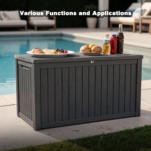 Outdoor Storage Box, Durable Deck Box with Side Handle and Lockable Lid, Deck Boxes Outdoor Waterproof, Large Patio Furniture for Poolside Accessories, Garden Tools, 180 Gallon