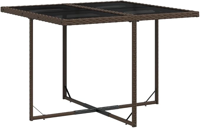 5 Piece Patio Dining Set with Cushions Brown Poly Rattan Outdoor Table and 4 Chairs for Garden Backyard Porch Folding Foldable Stackable Space Saving Tempered Glass Top UV Proof