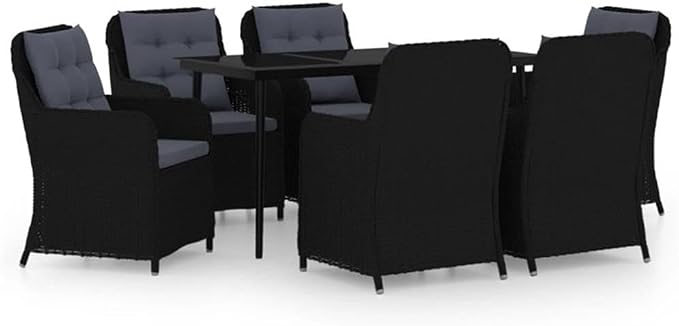 Afuera Living 7-Piece Contemporary Patio Dining Set, Black and Dark Gray Finish, Powder-Coated Steel and Poly Rattan, Rectangular Table with Cushioned Chairs, Weather-Resistant Outdoor Garden