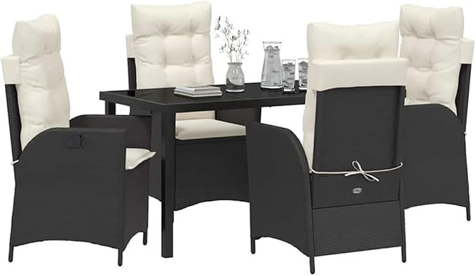 Afuera Living 5-Piece Poly Rattan Garden Dining Set, Black Finish, Glass Tabletop, Cushioned Seats, Ergonomic Design, Weather-Resistant, Modern Patio Furniture for Outdoor Dining or Gatherings