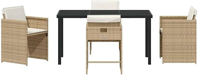 Afuera Living 5-Piece Poly Rattan Patio Dining Set with Cushions, Beige Finish, Powder-Coated Steel Frame, UV Resistant, Tempered Glass Tabletop, Weatherproof Seating, Outdoor Garden Furniture