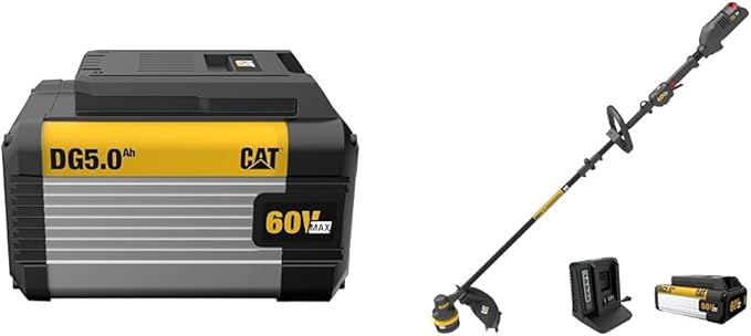 CAT 60V String Trimmer, Edger & 5Ah Battery Bundle - DG610 15" Trimmer with Dual Line Head, Quick Line Load & DG6B5 Battery