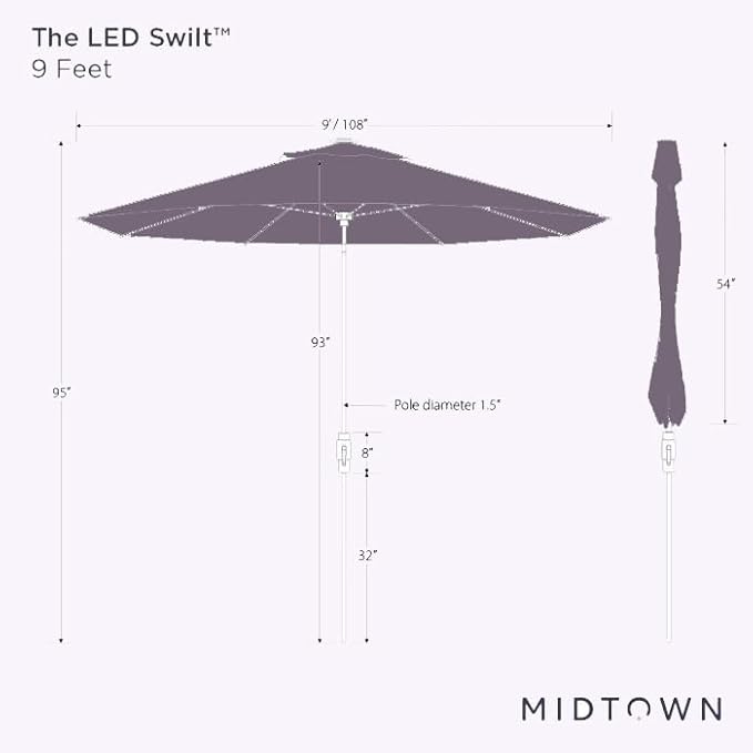 Midtown Umbrellas Led Swilt Sunbrella Umbrella 9 Ft Patio Umbrella With Sunbrella Cast Slate Acrylic Fabric - Deck Patio Umbrella, Backyard Umbrella, Garden Umbrella & Pool Umbrella - Black Pole