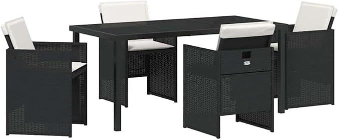 Afuera Living 5 Piece Poly Rattan Patio Dining Set, Black, UV-Resistant Outdoor Cushions, Tempered Glass Tabletop, Powder-Coated Steel Frame, Foldable Chairs for Garden, Patio, or Outdoor Dining