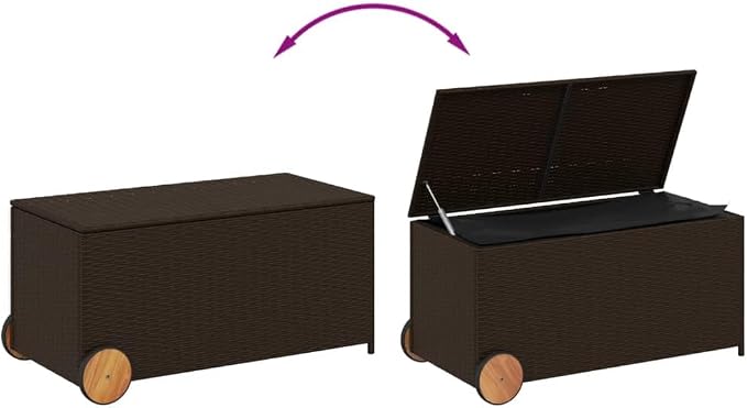 Outdoor Storage Box with Wheels 50.2 Gal Brown PE Rattan Water-Resistant Bag Patio Furniture Deck Box Garden Storage Container for Backyard Poolside Porch