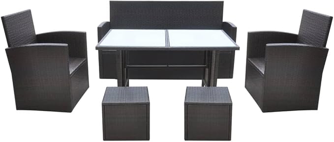 6-Piece Outdoor Dining Set, Brown PE Rattan Patio Furniture Set with Rectangular Frosted Glass Table, Steel Frame Garden Table and Chairs, Seats 7 People